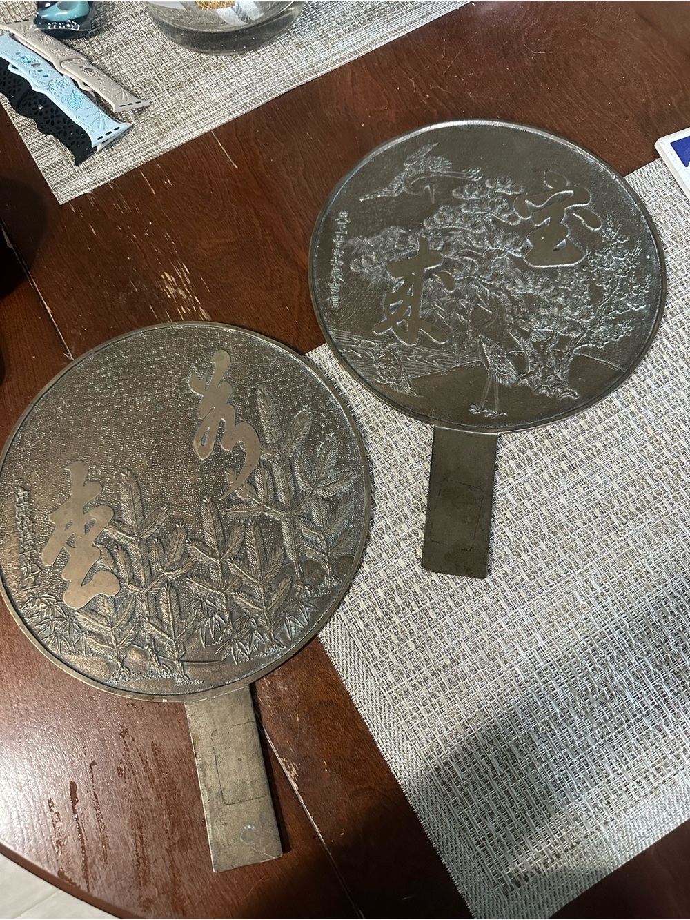 (2) Antique Kagami Japanese Handmade Cast Bronze Geisha Mirrors RARE